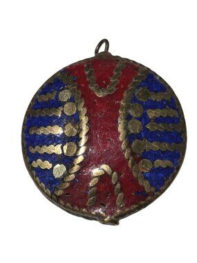 Vintage Handcrafted Tribal Enamel Pendant Gold Accents Folk Art Round Shape